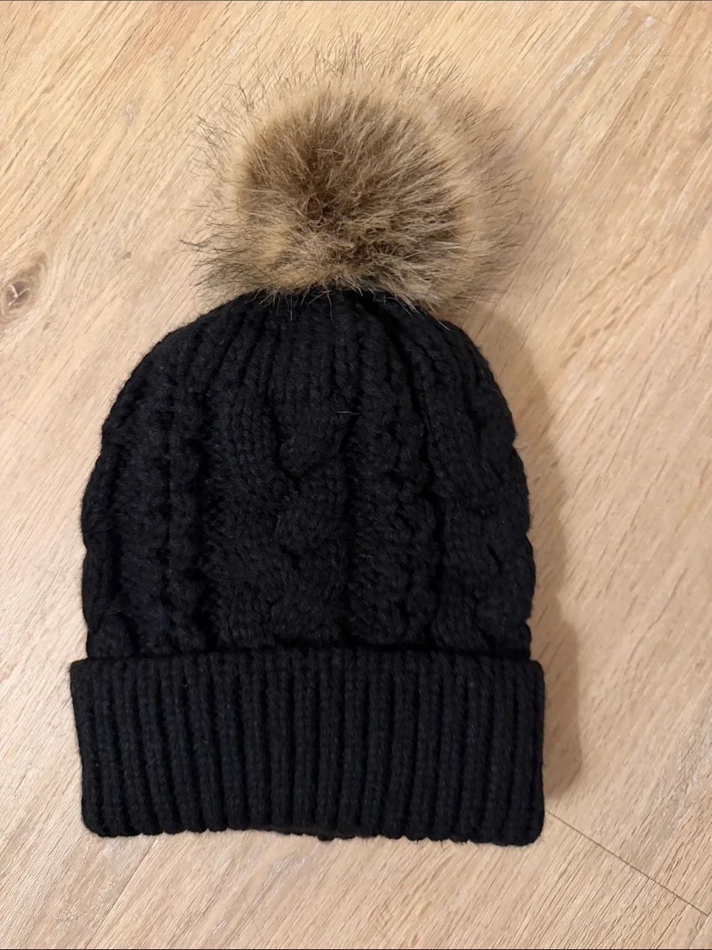 Kids Black Cable Knit Pom Beanie with Brown Faux Fur Pom